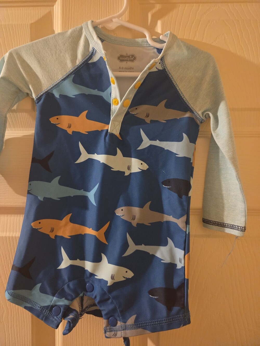 Mud Pie Baby Shark-Print Long-Sleeve Swim Romper - Blue